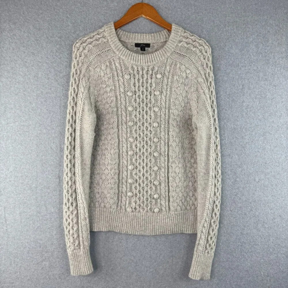 J. CREW Crewneck Sweater Gray Wool Blend Chunky Cable Knit Popcorn Preppy Size M
